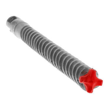 The Diablo DMAPL4160 Rebar Demon SDS-Plus Hammer Drill Bit features a textured, cylindrical design with helical grooves and a red, star-shaped tip. Its Dura-Carbide features ensure precision, set against a solid light green backdrop.