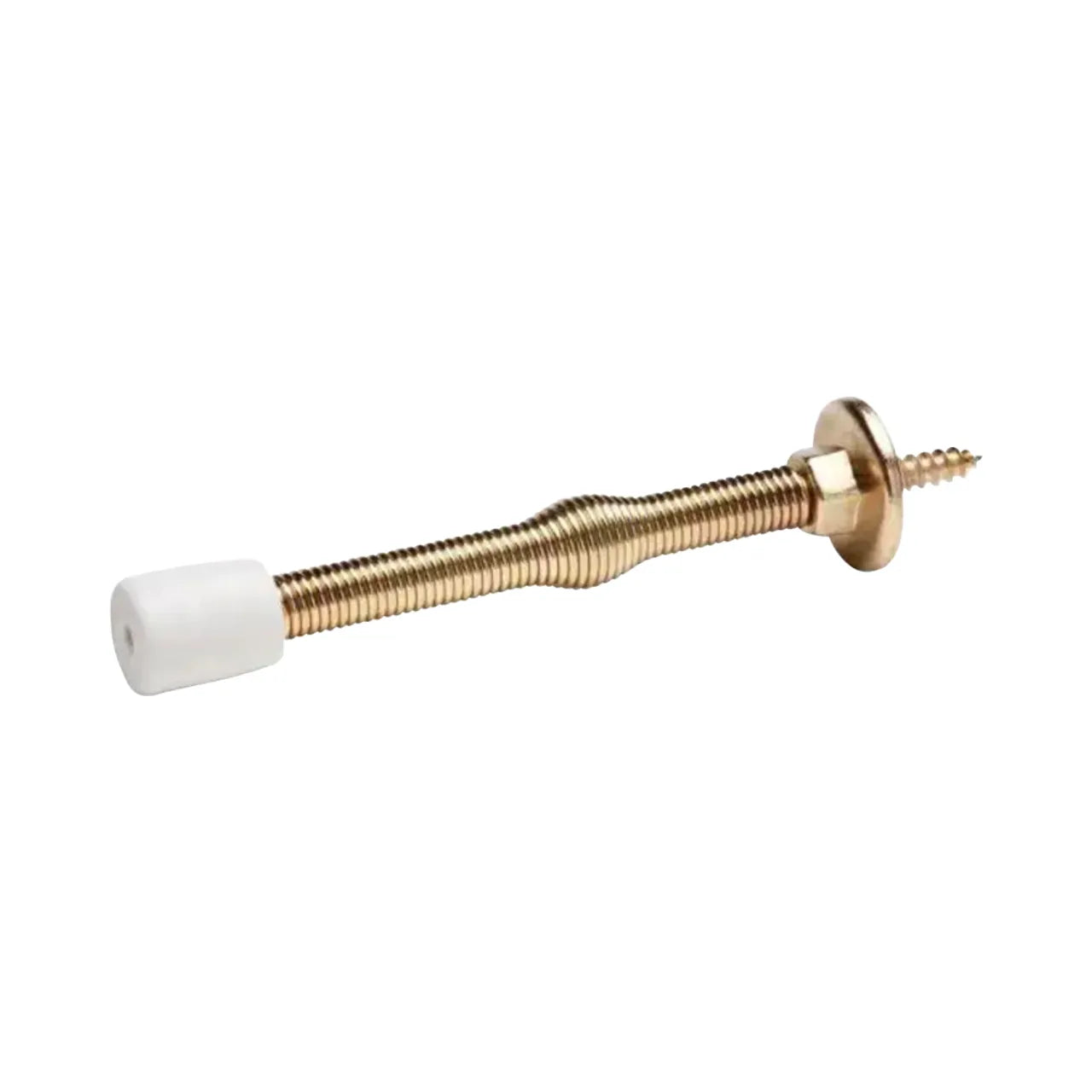 The Go Build 3 in. Light Duty Spring Door Stop - Bright Brass features a white rubber tip and screw end for mounting, protecting walls from door damage.