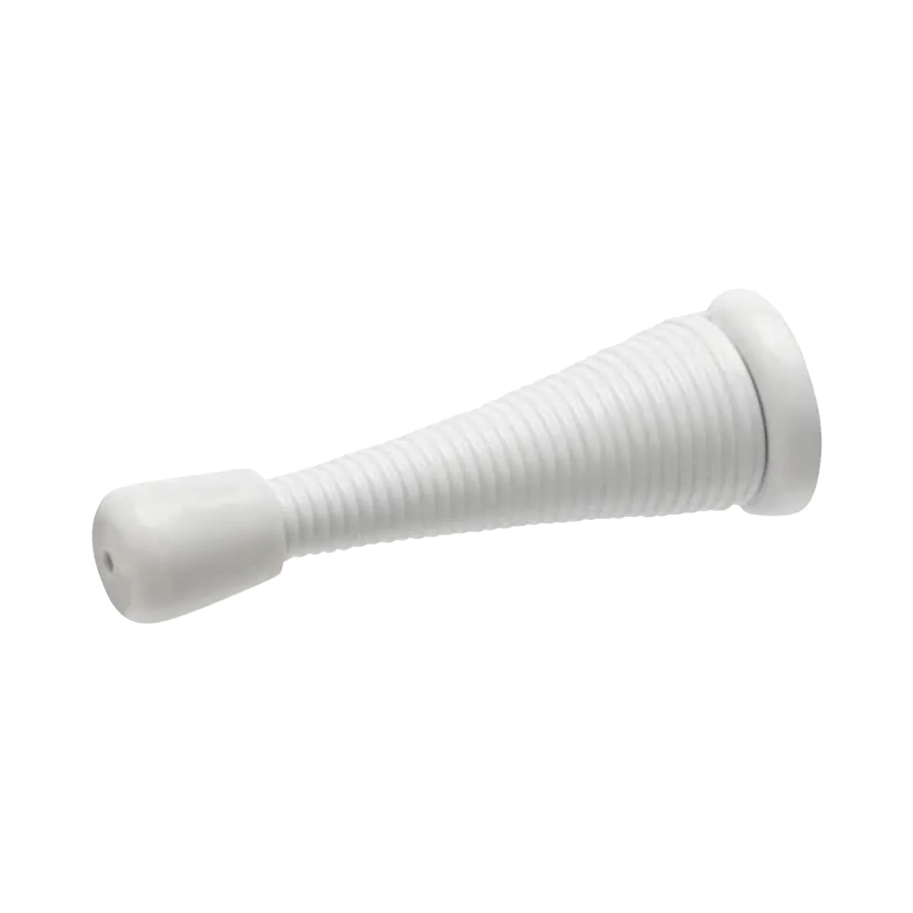 A Go Build 3 in. Spring Door Stop in white with a rounded tip rests on its side against a plain white background.