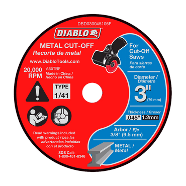 The Diablo DIABLO DBD030045105F 3 in. x 0.045 in. x 3/8 in. Metal Cut-Off Disc, with its thin kerf design and red-black style, is perfect for cut-off saws. It operates efficiently at 20,000 RPM, providing premium aluminum oxide durability for precise cutting tasks.