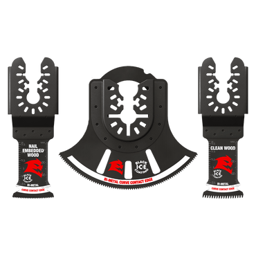 The DIABLO DOU3BS 3-Piece Universal Fit Bi-Metal Oscillating Blade Set by Diablo includes black and red blades: one for nail-embedded wood, a multi-tool blade for clean wood, and a larger bi-metal blade with a curved edge, all set against a light green background.