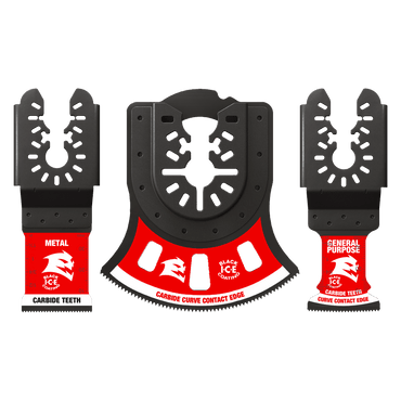 The DIABLO DOU3CS 3-Piece Universal Fit Carbide Oscillating Blade Set features two smaller black-and-red blades labeled Metal and General Purpose, and a larger semicircular blade labeled Carbide Curve Contact Edge, all adorned with a stylized Diablo logo.