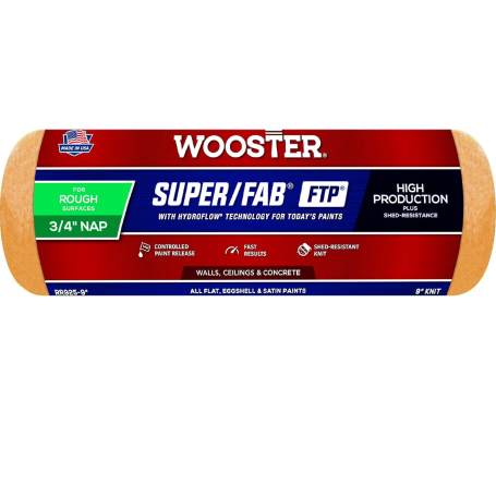The WOOSTER Super/Fab FTP 9 in. Roller Cover, with its 3/4-inch nap, excels on rough surfaces and is ideal for walls, ceilings, and concrete. It features high production and shed-resistance, showcasing WOOSTERs innovative FTP technology in every stroke.