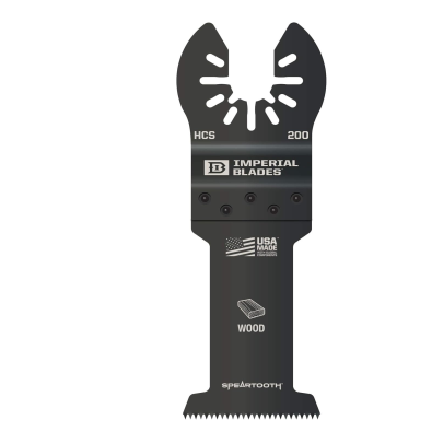 The IMPERIAL BLADES 1-3/8 in. oscillating blade features a unique shape with measurement notches and HCS 200 plus USA Made markings. Ideal for wood cutting, this High Carbon Steel blade has a Spear Tooth design and Universal Fit compatibility.