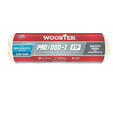 The image features the WOOSTER Pro/Doo-Z FTP 9 in. Roller Cover, perfect for professional painters on semi-smooth surfaces. With a 3/8-inch nap for smooth finishes, it offers excellent shed resistance and is ideal for walls and ceilings.