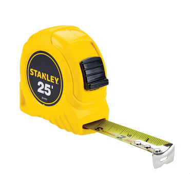 A STANLEY 25 ft Tape Measure with durable construction and a partially extended metal blade is displayed against a white background.