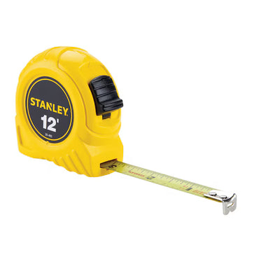 A yellow STANLEY Visibility Tape Rule, 12-foot with ergonomic grip and partially extended metal tape, displayed on a white background.