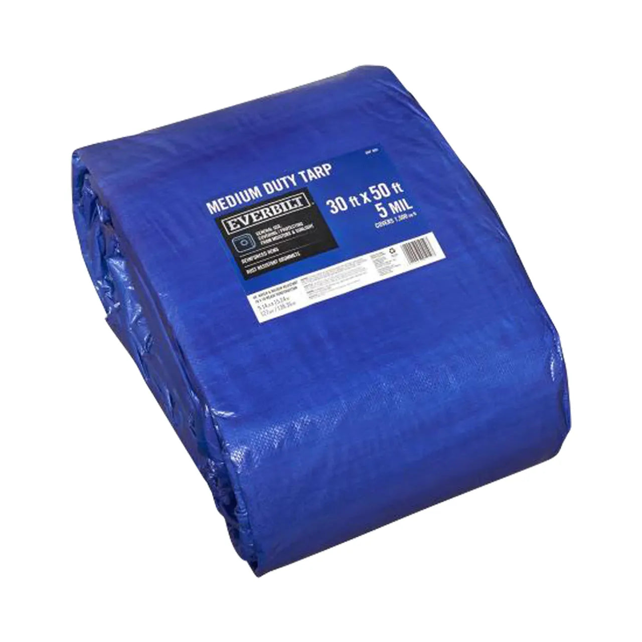 A folded Go Build 30 ft. x 50 ft. Blue Medium Duty Tarp, 5 mil thick, features a product label on top and rust-proof aluminum eyelets for durability. Brand: The Fastest Way To Build.