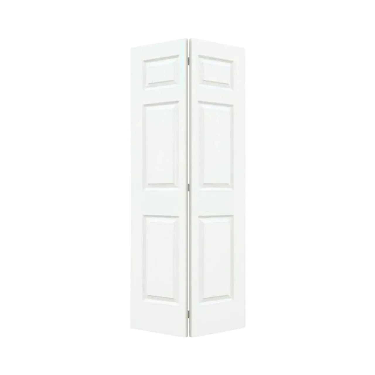 The Go Build 30 in. x 80 in. Colonial 6 Panel Bi-fold Primed Textured MDF Door features a lightweight hollow core and classic rectangular raised panels, shown partially open against a plain white background.