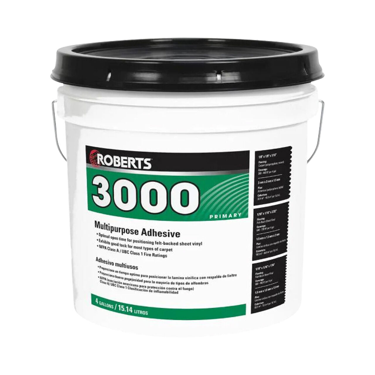 A 1-gallon bucket of Go Build 3000 Multi-Purpose Carpet & Sheet Vinyl Adhesive with a black lid and green/black label; ideal for carpets and sheet vinyl. From Go Build, The Fastest Way To Build.