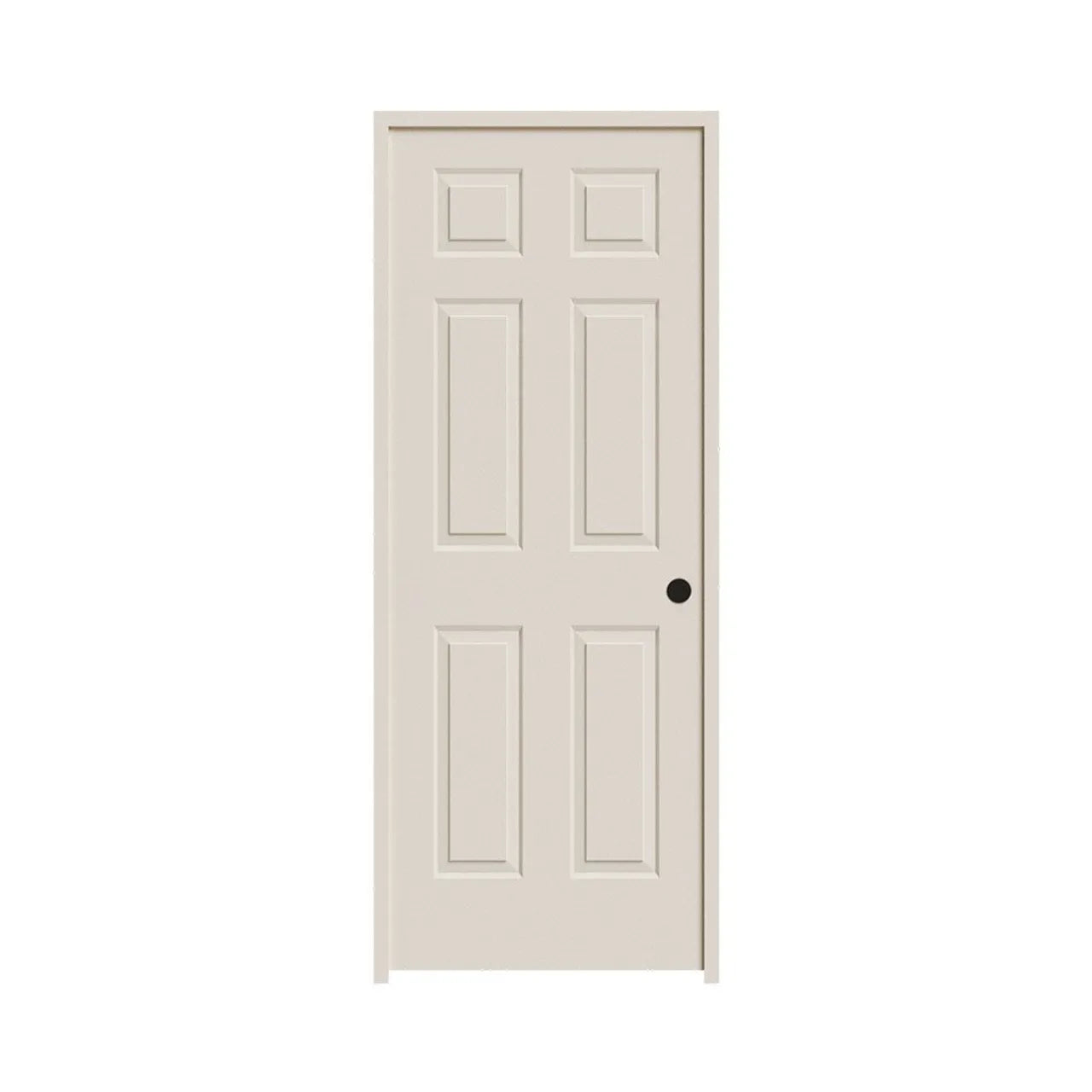 A Go Build 32 in. x 80 in. Colonist Primed Left-Hand 6 Panel Textured MDF Prehung Solid-Core Door, closed and off-white with a black round knob on the right, shown against a white background.