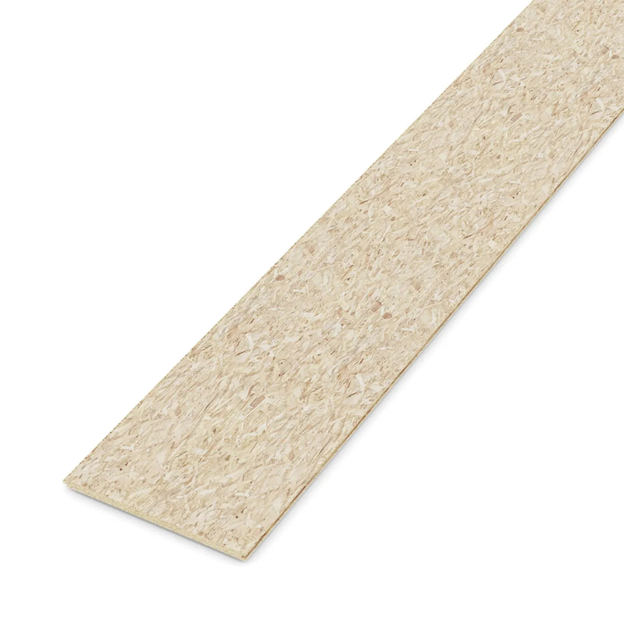 The Go Build 19/32 in. x 2 ft. x 4 ft. Pine Attic OSB Decking Panel features a light, speckled wood texture and lies flat against a white background, highlighting its pre-cut convenience and versatile design.