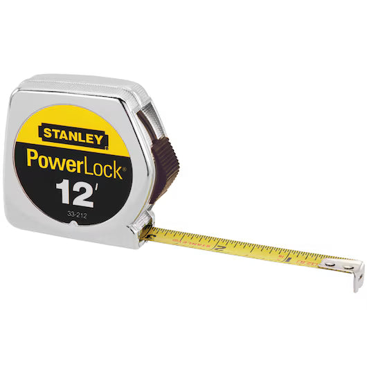 The STANLEY Tape Measure PowerLock® features a durable metal case, Tru-Zero end hook, and a 1/2 x 12 yellow blade, pocket-sized for convenience.