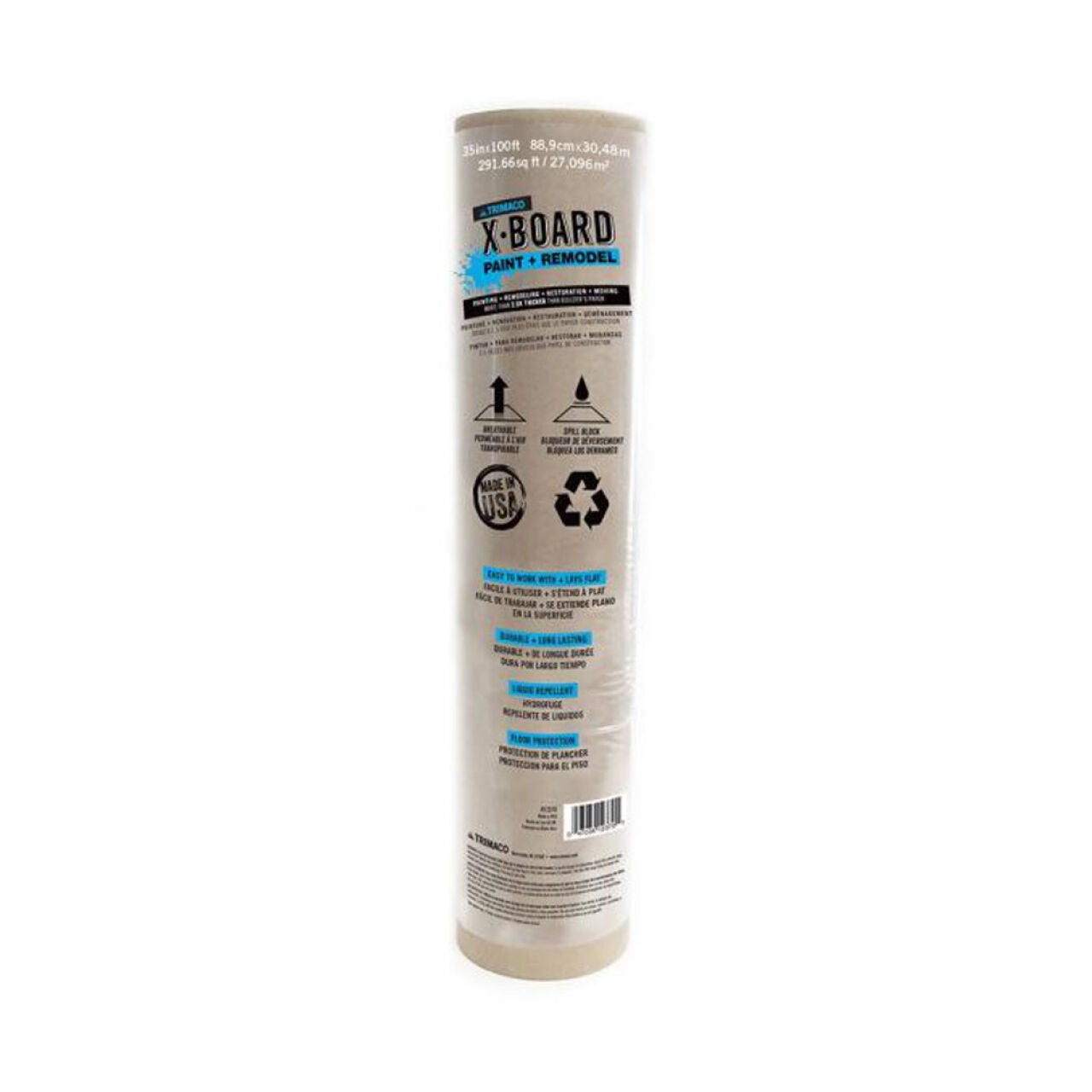 A rolled package of Go Build 35 in. x 100 ft. X-Board Surface Protector, a heavy-duty, liquid-repellent floor protector with durability, liquid resistance, and recyclability icons, plus product info and branding on a white background.