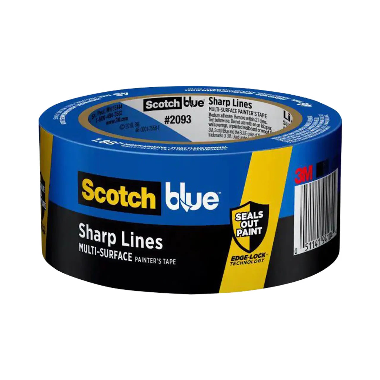 The ScotchBlue 1.88 in. x 60 yds. sharp lines painters tape from Go Build offers UV-resistant, multi-surface use with Edge-Lock Technology, featuring a distinct blue and yellow label to effectively seal paint out.