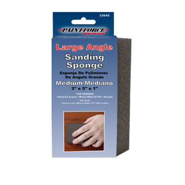 The PAINT FORCE 3 x 5 x 1 Medium Large Angle Sanding Block, ideal for precise medium sanding, features packaging with a hand using the sponge. Its perfect for smoothing paint, lacquer, metal, wood, PVC, and drywall surfaces.