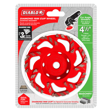 The DIABLO DMACW0450 4-1/2 in. Diamond Rim Cup Wheel for Masonry, from Diablo, is designed for angle grinders. This red wheel offers faster concrete grinding and improved dust extraction for a cleaner workspace.