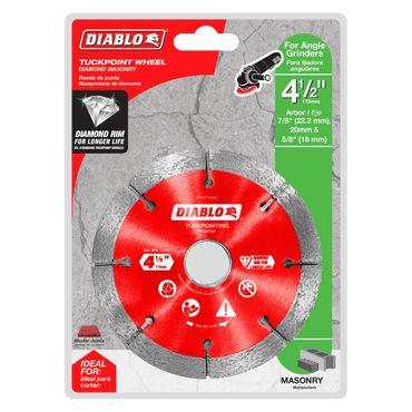 The DIABLO DMATP0450 4-1/2 Diamond Rim Tuck Point Masonry Disc by Diablo, designed for angle grinders, is packaged and ready for action. Its equipped with durable diamond blades for mortar joint removal, includes various arbor sizes, and its resilient rim ensures long-lasting performance in masonry tasks.