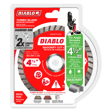 A package labeled DIABLO DMADT0450 contains a 4.5-inch diamond turbo masonry cut-off disc. The red packaging highlights features like a turbo blade, diamond rim, and enhanced durability for precise cuts on concrete, brick, and cinder block. Its designed for angle grinders by Diablo.