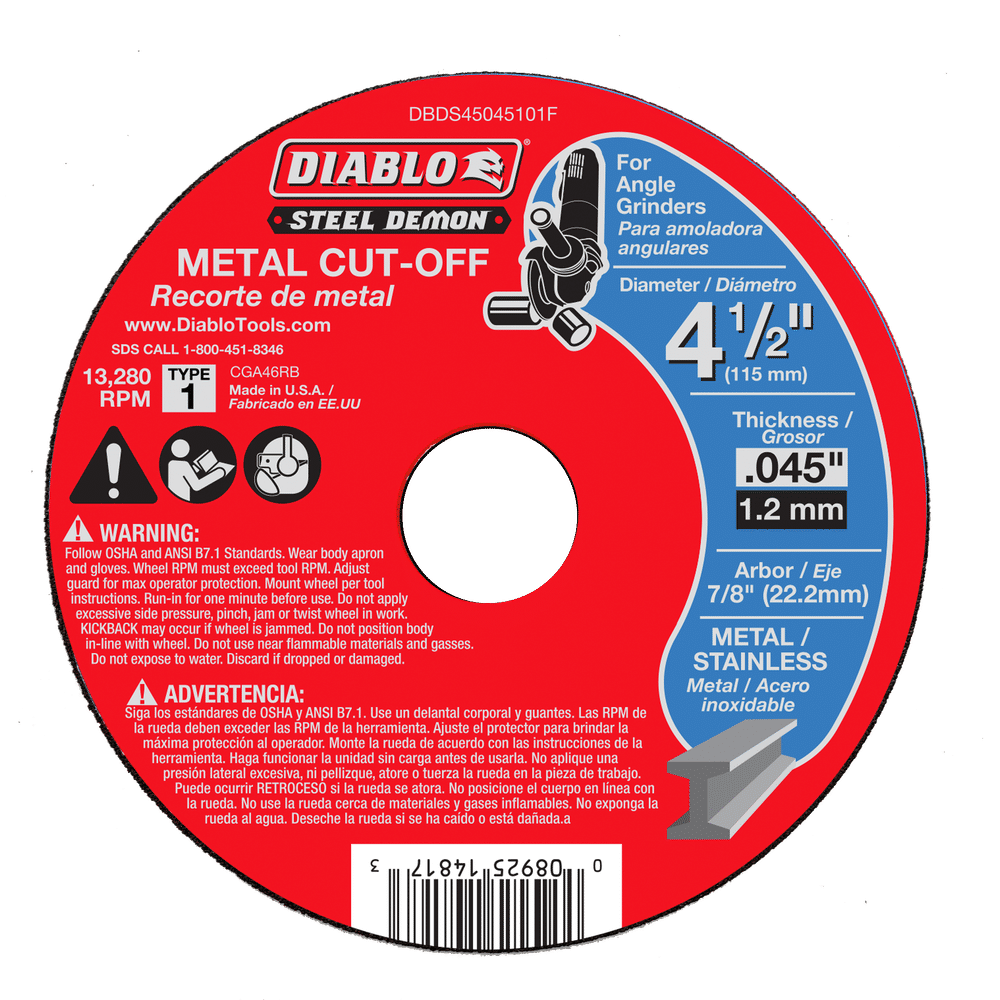 The DIABLO DBDS45045101F Steel Demon, with its premium ceramic blend, is a 4 1/2 in. x 0.045 in. metal cut-off disc suitable for angle grinders, featuring bilingual warnings and handling up to 13,280 RPM.