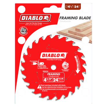 The DIABLO D0424X 4-1/2 in. x 24-Teeth Framing Saw Blade features striking red packaging with white text, showcasing its precision engineering, a laser cut thin kerf design, and TiCo Hi-Density Carbide tips for enhanced durability and performance.