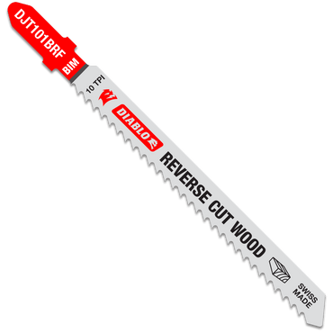 Image of a Diablo DIABLO DJT101BRF5 4 in. 10TPI Bi-Metal Jig Saw Blade, designed for reverse wood cuts. The silver blade features an ultra-hardened edge, bi-metal teeth, and 10 TPI and Swiss Made in red and black on its body.