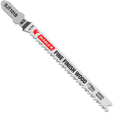 The DIABLO DJT101B5 jig saw blade pack features high carbon steel blades with a reversed tooth design and 10 TPI for fine wood finishes, expertly crafted in Switzerland by Diablo.