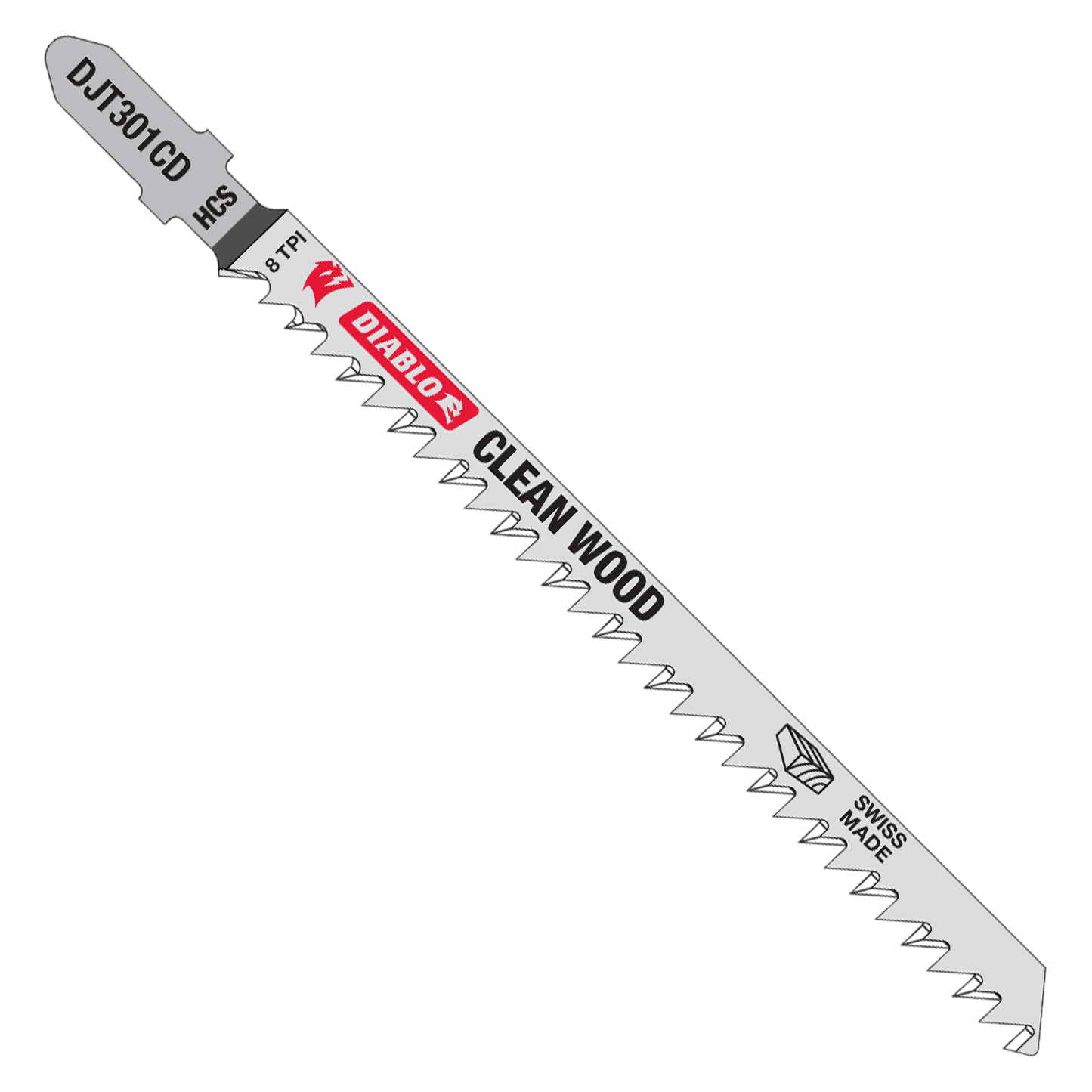 A silver DIABLO DJT301CD5 jig saw blade features the words DIABLO CLEAN WOOD in red and black. This high carbon steel, T-shank blade has serrated edges, measures 4-5/8 inches, and is made in Switzerland.