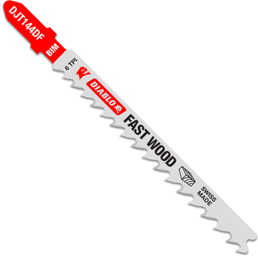 A striking red and silver Diablo DJT144DF jigsaw blade, featuring ultra-hardened bi-metal teeth, 6 TPI for fast wood cutting, and a Swiss-made T-shank design ensures precision.