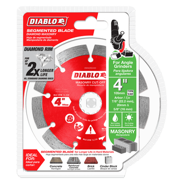 This image showcases the DIABLO DMADS0400 4 in. Diamond Segmented Masonry Cut-Off Blade by Diablo, designed for cutting performance in masonry. The packaging highlights its diamond rim for enhanced durability and longevity, with specifications of 4 diameter, a 7/8 arbor, and a fit size of 5/8.
