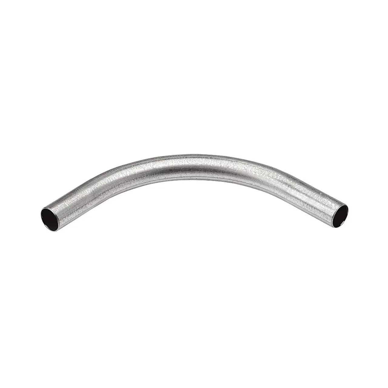 The Go Build 3/4 in. 90-Degree EMT Elbow is a galvanized steel, curved conduit fitting with open ends, shown against a white background.