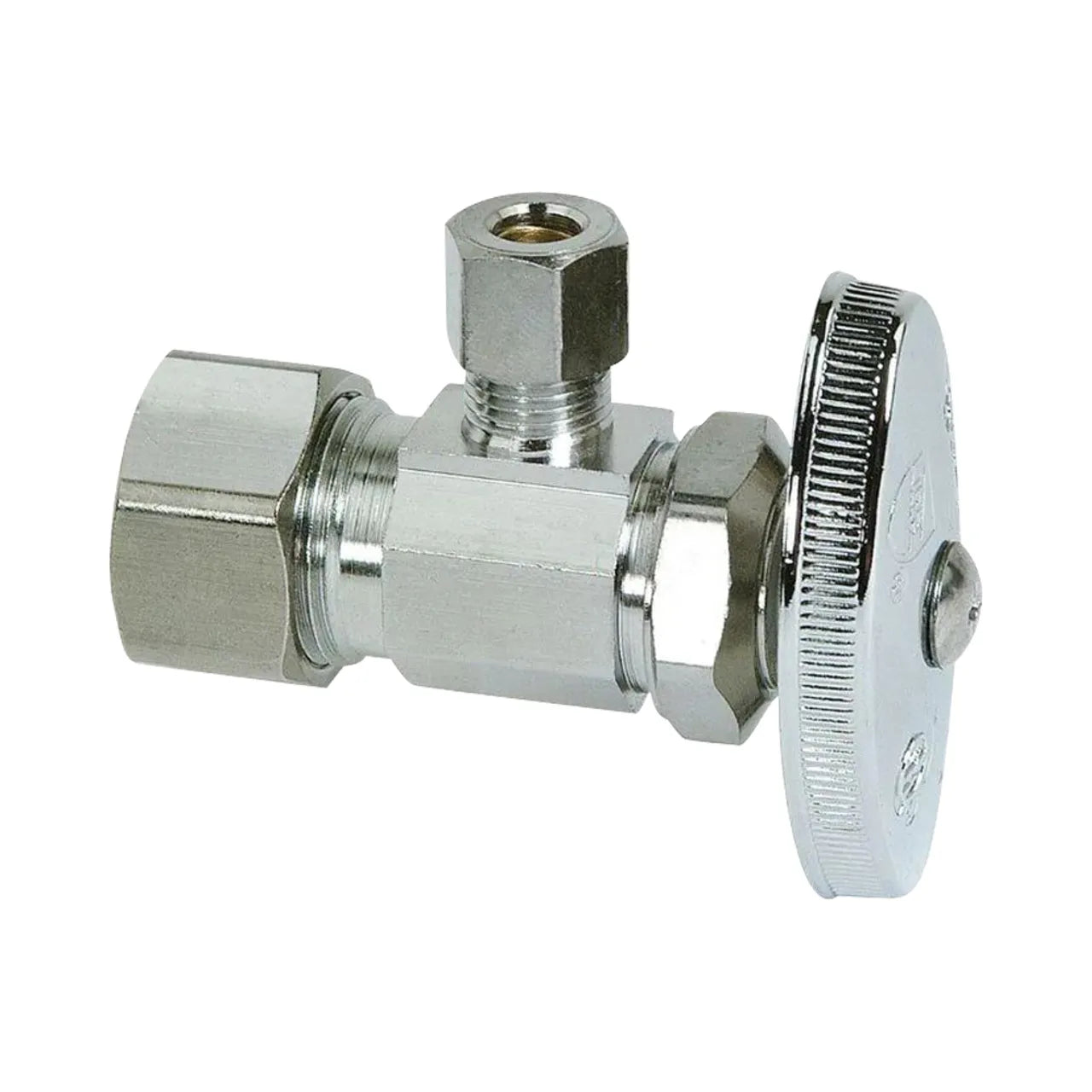 A close-up of the Go Build 1/2 in. Compression Inlet x 1/4 in. Compression Outlet Multi-Turn Angle Valve shows a chrome-plated brass body, round ridged handle, and compression connections for precise water flow control.