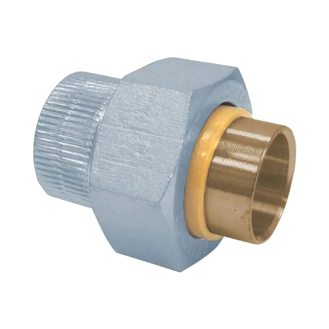 The Go Build 3/4 in. Galvanized Steel FIP x Sweat Dielectric Union features a hex nut, silver body, and brass ring—ideal for connecting steel to copper pipes. Brand: Go Build, The Fastest Way To Build.