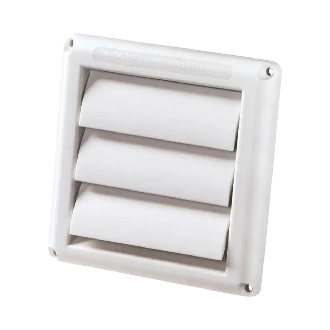 The Go Build 4 in. Louvered Exhaust Hood - White is a weather-resistant, square plastic hood with three horizontal slats and four corner screw holes for easy wall or duct mounting. Shown against a plain white background.