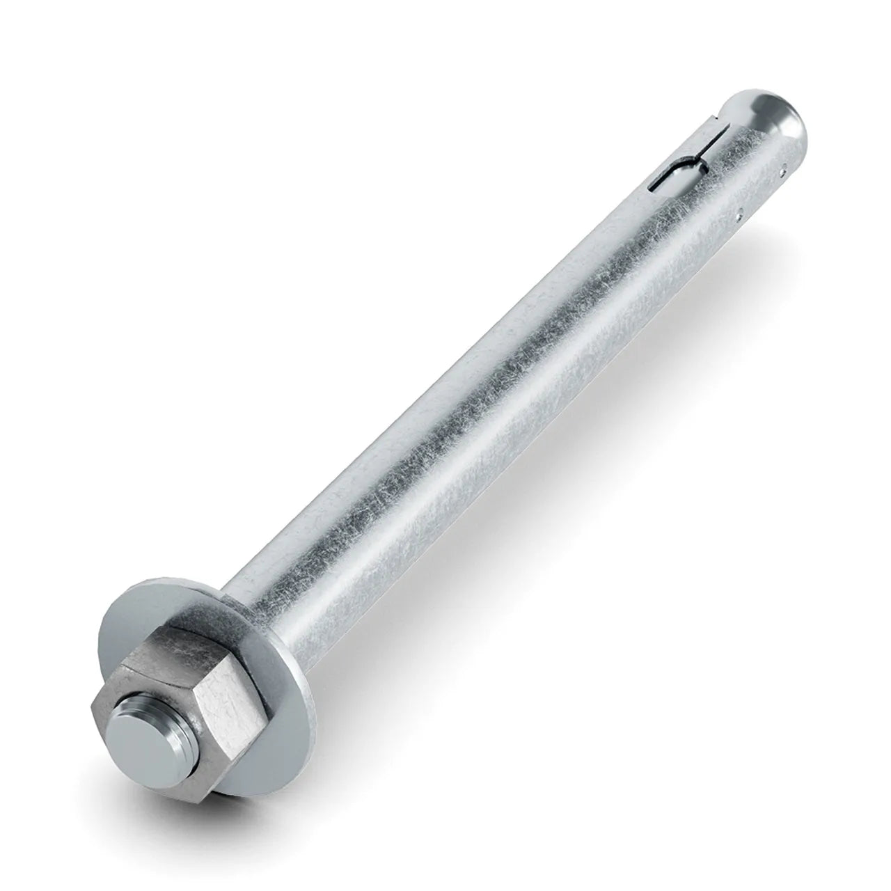 The Go Build 5/8 in. x 4-1/4 in. Sleeve Anchor, shown zinc plated with hex nut and washer on a white background, is angled to highlight the threaded end. Ideal for fastening to concrete; from Go Build, The Fastest Way To Build.