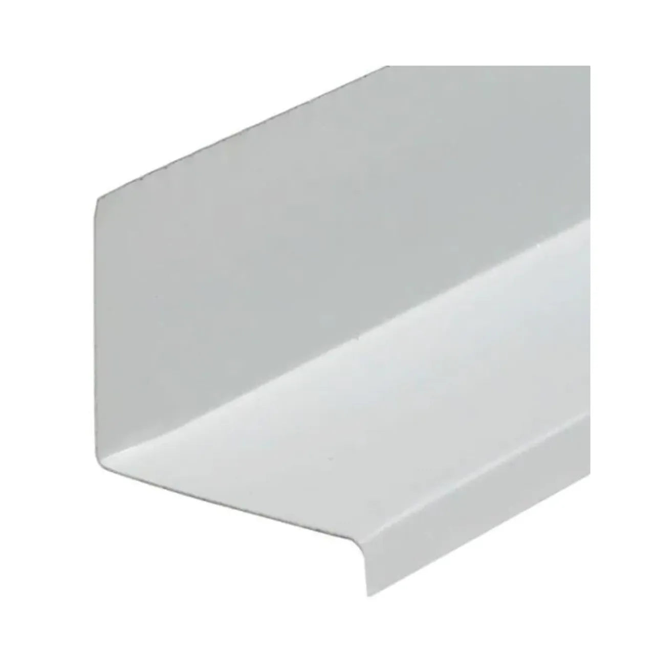 A close-up of the 3/4 in. x 10 ft. Aluminum Drip Edge Flashing - White by Go Build, The Fastest Way To Build. This bent-angle piece, ideal for roofing or siding, is made from rust-free aluminum and provides excellent moisture protection with its smooth, glossy finish on a white background.