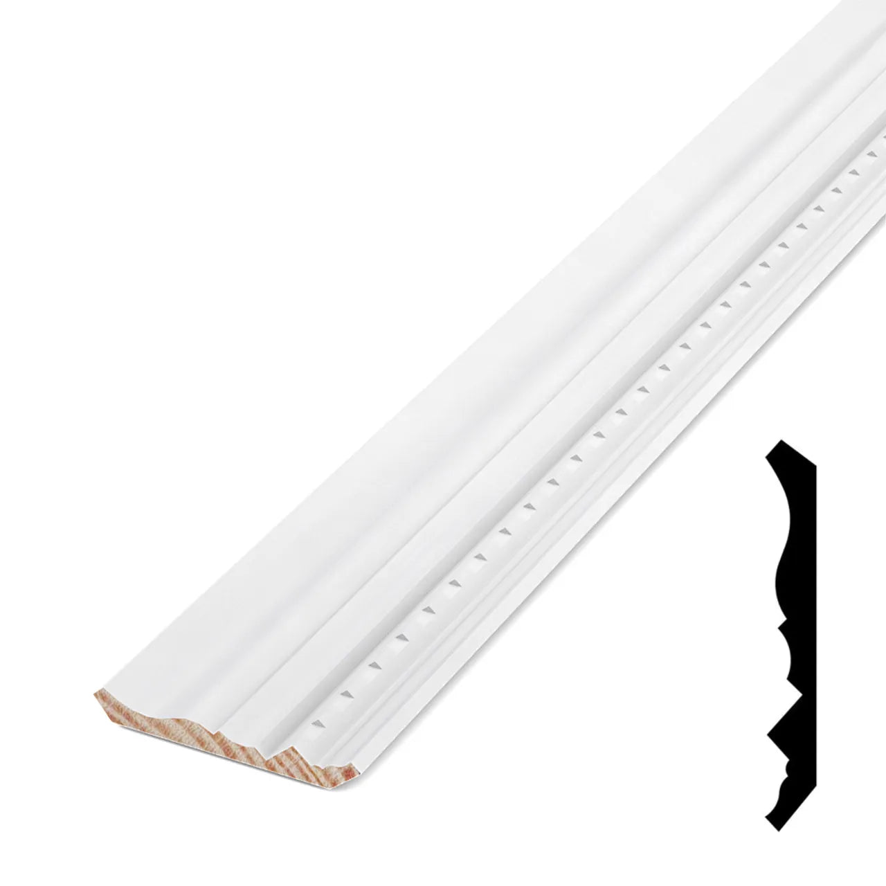 The Go Build 11/16 in. x 5-1/4 in. x 16 ft. Primed Pine Finger Jointed Crown Moulding features a wood core, smooth white finish, and elegant profile, with a black silhouette on the right showing the cross-section shape.