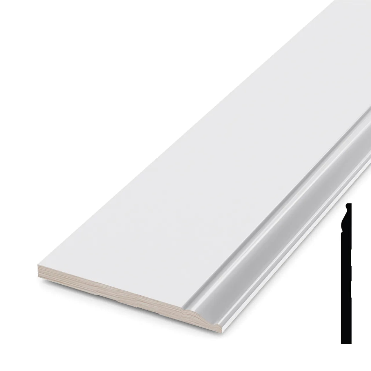 A 9/16 in. x 7-1/4 in. x 192 in. primed pine finger-jointed baseboard by Go Build, The Fastest Way To Build, with a decorative beveled edge is shown flat; its black side profile diagram appears at the bottom right.