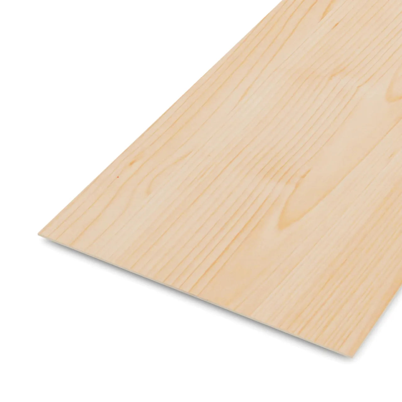 A close-up of the Go Build 1/4 in. x 4 ft. x 8 ft. Maple Plywood shows its light color and grain pattern, photographed at an angle against a white background with one corner nearest the camera. Brand: Go Build, The Fastest Way To Build.