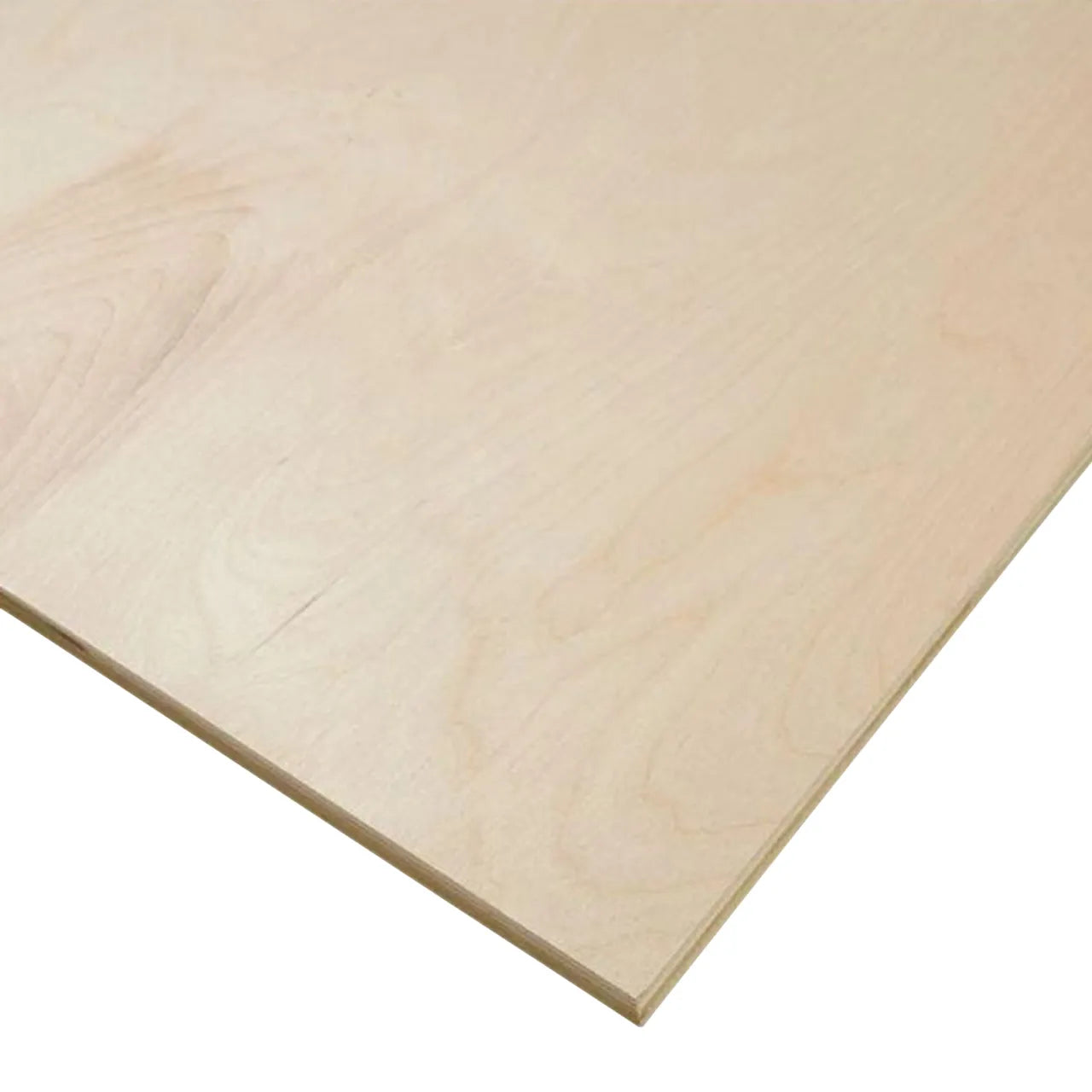 A close-up of a 3/4 in. x 4 ft. x 8 ft. PureBond Birch Plywood sheet from Go Build, The Fastest Way To Build, shows its smooth surface, visible grain, and thin edge; this eco-friendly plywood uses soy-based adhesive.
