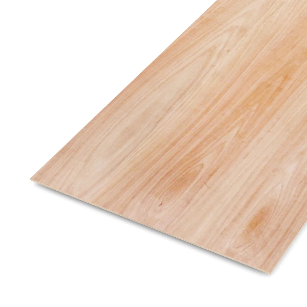 The Go Build 1/4 in. x 4 ft. x 8 ft. Sumauma Underlayment Plywood features a smooth, light-colored surface with visible wood grain. At 5mm thick and moisture resistant, it’s ideal for interior use and is shown against a white background.