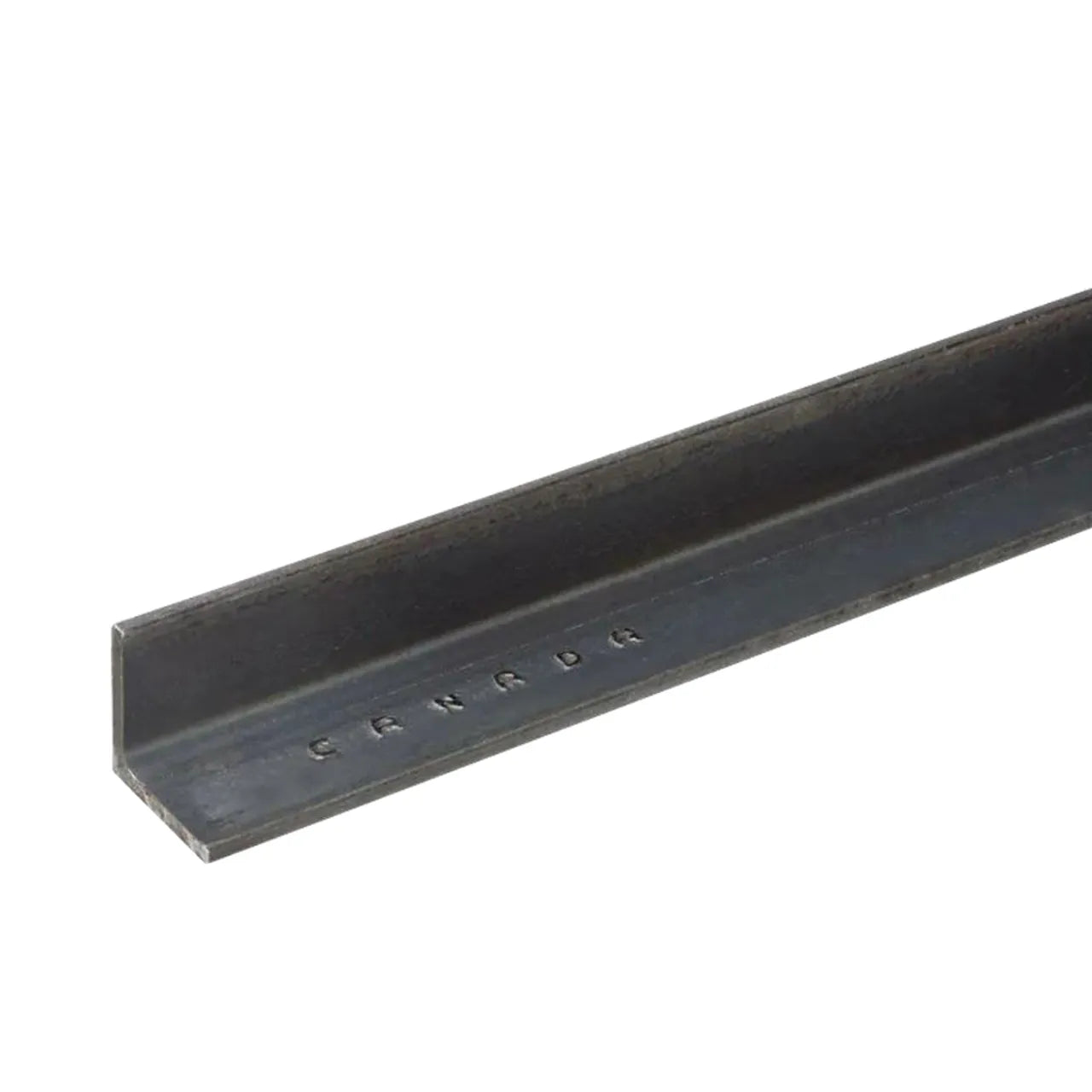 The Go Build 1/8 in. x 1-1/4 in. x 72 in. Plain Steel Angle is L-shaped with a dark finish and CANADA stamped on one side, making it ideal for steel construction projects.