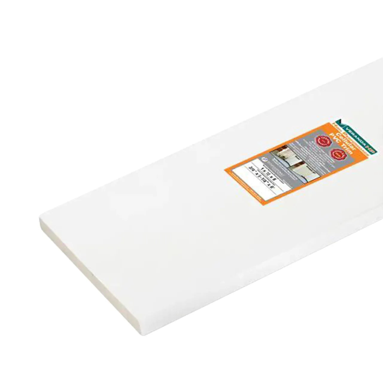 A Go Build 3/4 in. x 9-1/4 in. x 8 ft. High Performance Cellular PVC Trim Board in white, with smooth edges and a product label, is shown on a plain background. Brand: Go Build, The Fastest Way To Build.