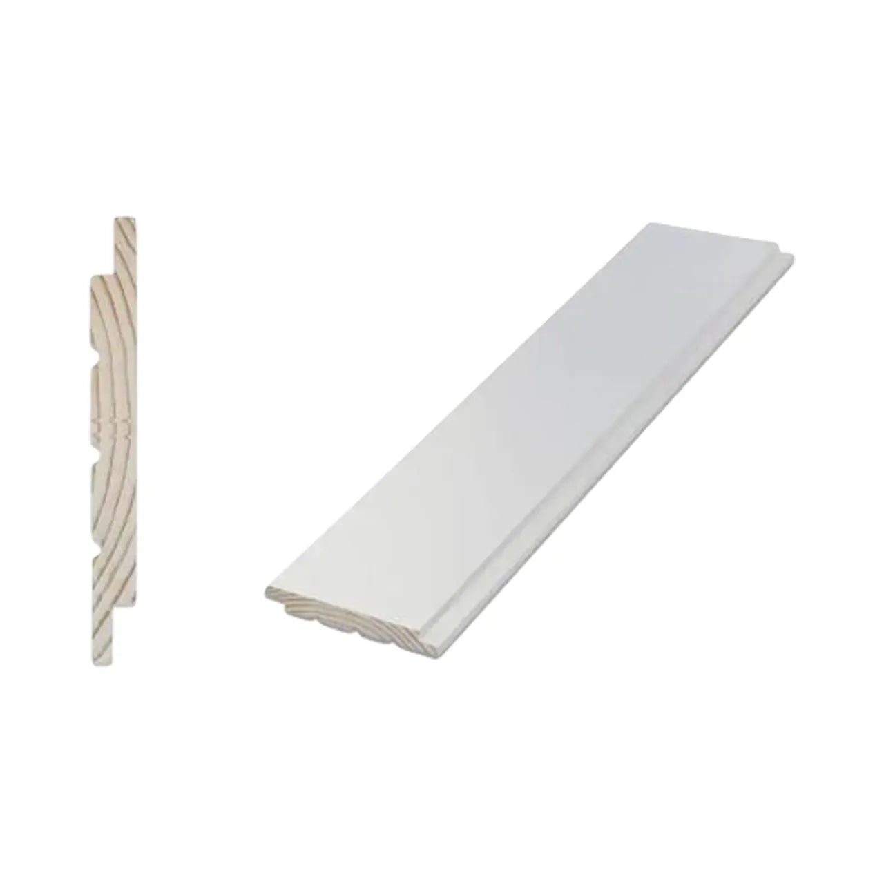 The Go Build 9/16 in. x 5-1/4 in. x 8 ft. Radiata Pine Nickel Gap Ship Lap Board is shown pre-primed from a side profile and top view, set against a plain white background.