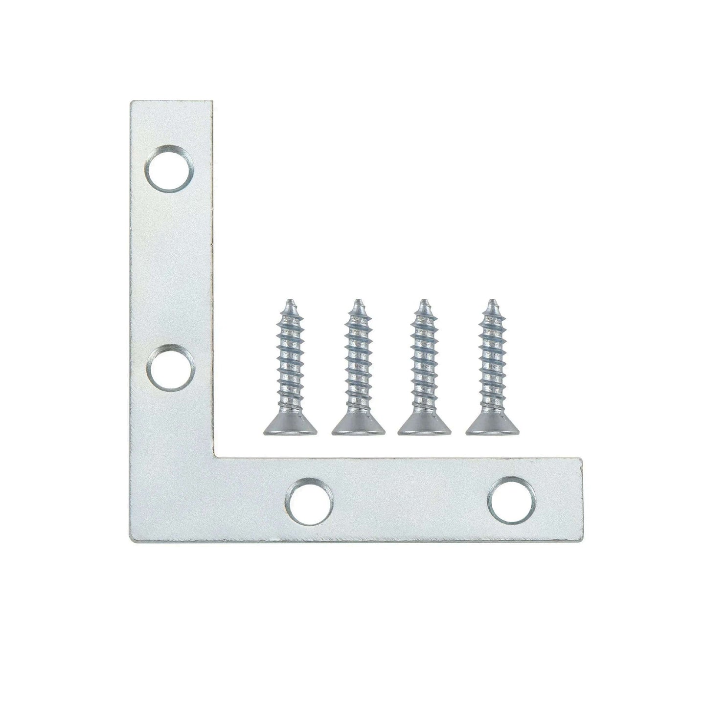 The G-FORCE 40408 3 in. Corner Iron, zinc plated and L-shaped, comes with four silver screws (4PC/Pack)—ideal for heavy-duty projects. All items are displayed on a white background. Brand: G FORCE.
