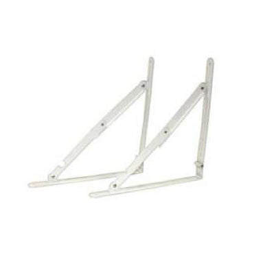 The G FORCE 41273 12 in. x 12 in. White Folding Shelf Brackets (2PC) with screws are shown upright, featuring angular support arms for secure, space-saving wall storage.
