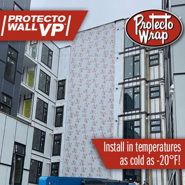 A building under construction is partially covered with PROTECTO Wall VP Water Resistive Barrier by Protecto Wrap, ensuring durability. The material, featuring the brands logo, can be installed in temperatures as low as -20°F.