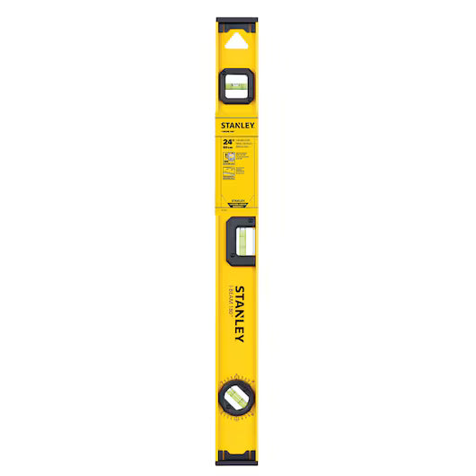 The STANLEY 24 in 180° I-Beam Level features a yellow body, three bubble vials, black end caps, and a center label—making it an ideal leveling tool for any construction project.