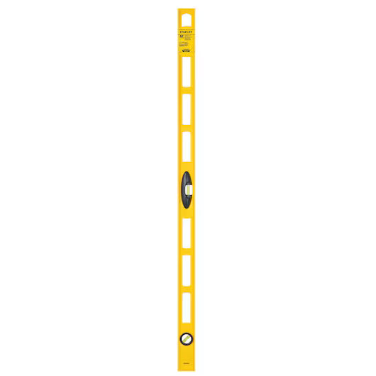 The Go Build STANLEY® ABS I-Beam Level 1200mm is a yellow, rectangular tool with a central horizontal vial, a circular vertical vial, and open rectangular slots along its length for easy handling.