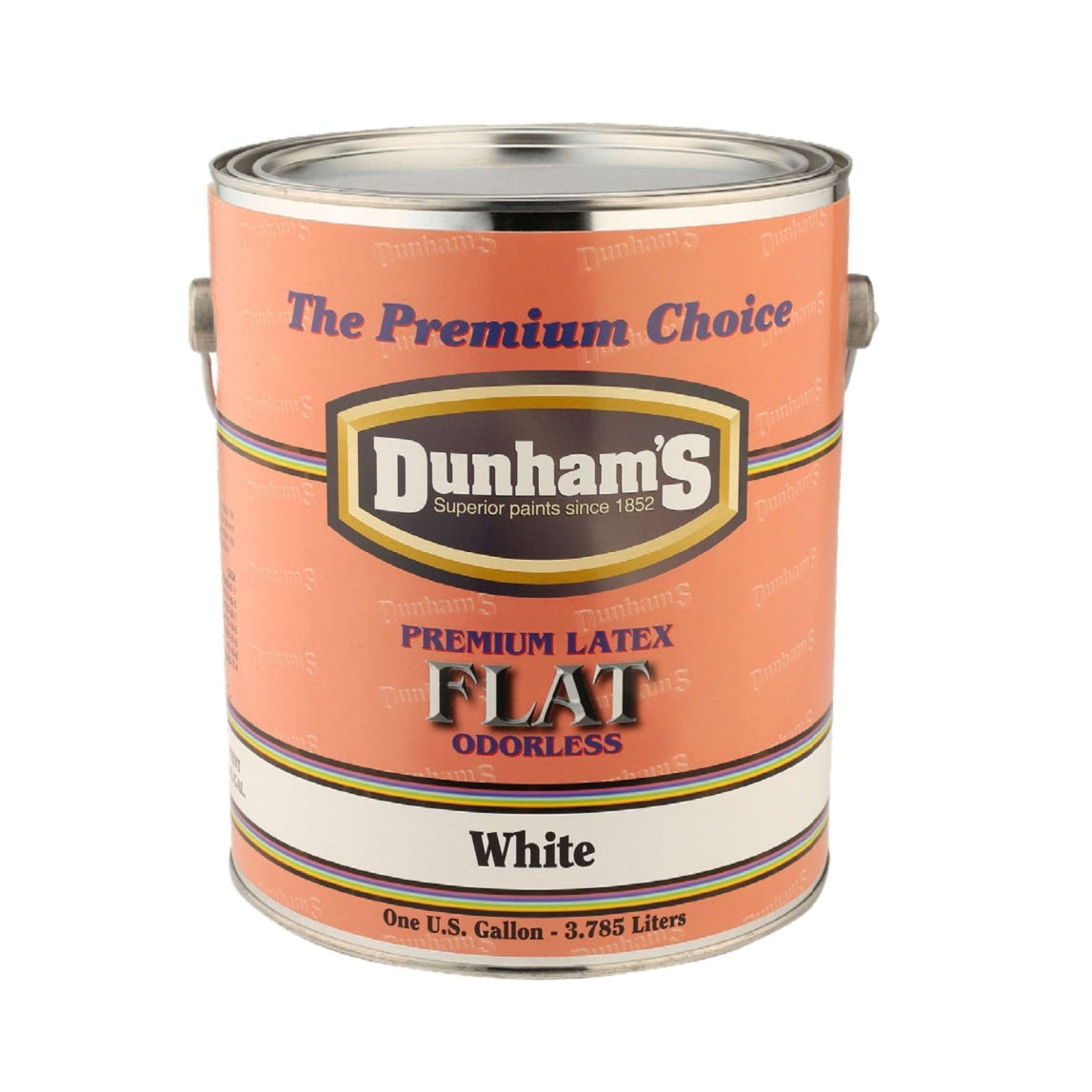 A one-gallon can of DUNHAM Premium Latex Flat Odorless White paint, featuring an odorless formula for durable wall coverage, comes in a pink and white label with a metal handle.